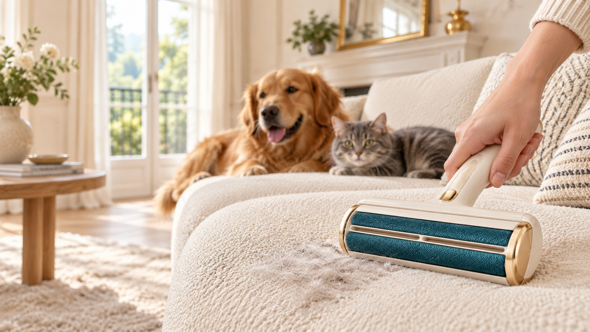 FurClean utilisé sur un canapé avec chien et chat