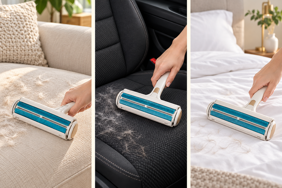 FurClean sur canapé, siège de voiture et literie